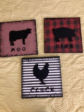 3 handmade barnyard wall artwork  12x12 paper on canvas wooden figures letters